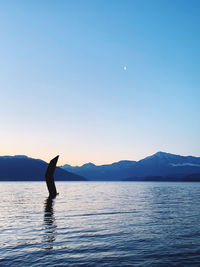 Silhouette sculpture in sea against sky at sunset