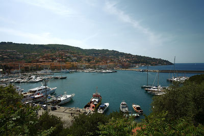 High angle view of sailboats in sea