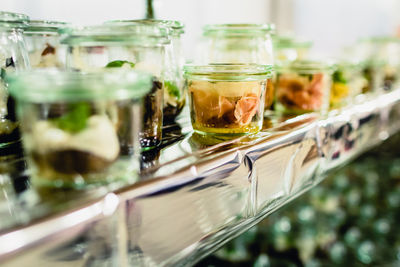 Close-up of drink in glass jar on table