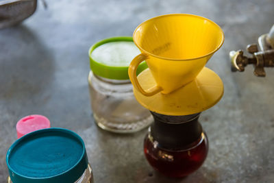 High angle view of drink on table