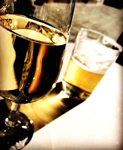 Close-up of beer glass on table