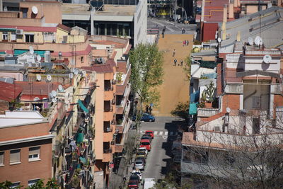 High angle view of street amidst buildings