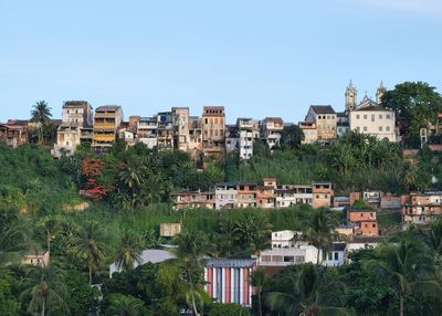 Buildings in town against clear sky