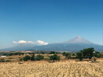 Scenic view of landscape and mountains against blue sky