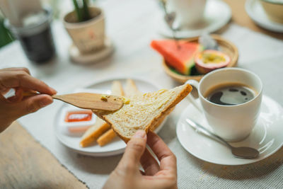 High angle view of breakfast on table