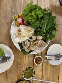 High angle view of food served on table