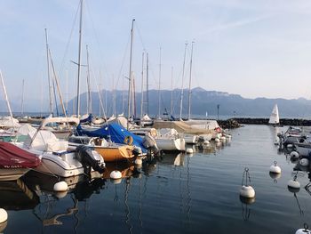 Sailboats moored on sea against sky