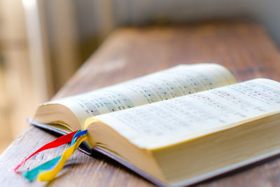 Close-up of open book on table
