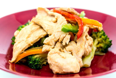 Close-up of food served in plate on table against white background