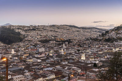 High angle view of cityscape against sky during sunset