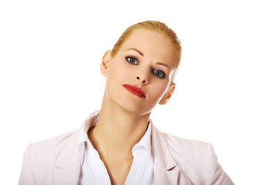 Portrait of a beautiful young woman over white background