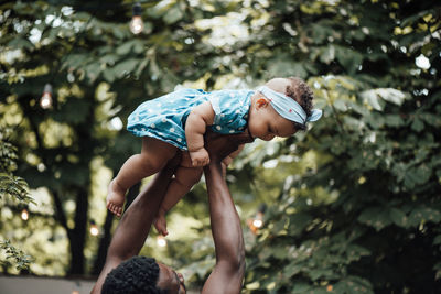 Rear view of father and son on tree