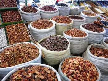 High angle view of raw chili peppers for sale in market