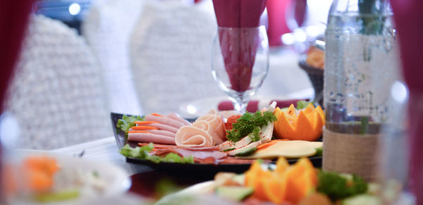 Close-up of meal served on table in restaurant