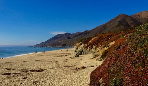 Scenic view of beach against clear blue sky