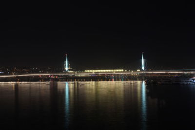 Suspension bridge over river at night