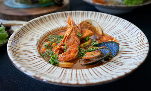 High angle view of food in plate on table