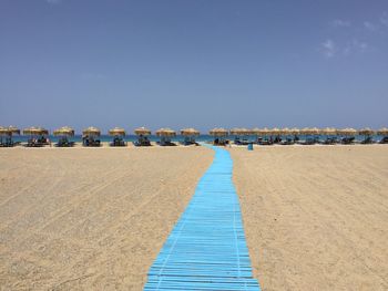 Scenic view of beach against clear blue sky