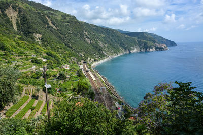 High angle view of bay against sky