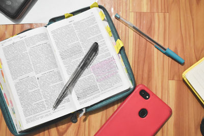 High angle view of books on table