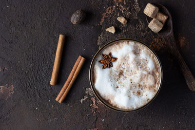 Cocoa or hot chocolate with anise and cinnamon. traditional beverage for autumn or winter time. 