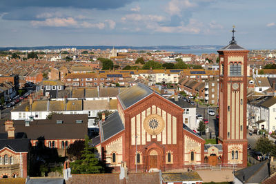 Eastbourne, east sussex, uk. high angle view of all souls church in eastbourne town centre.