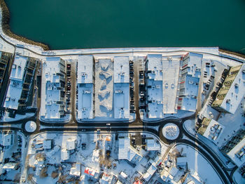 Aerial view of snow covered cityscape