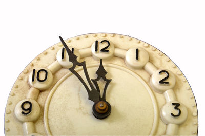 Close-up of clock against white wall