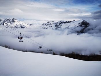 Scenic view of snow covered mountains against sky