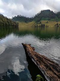 Scenic view of lake against cloudy sky