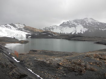 Scenic view of lake and snowcapped mountains against sky