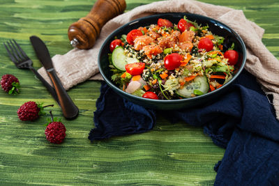 High angle view of salad in bowl on table