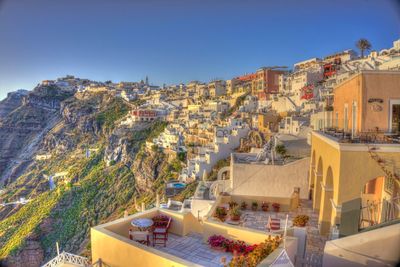 High angle view of residential district against clear sky