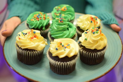 High angle view of cupcakes on table