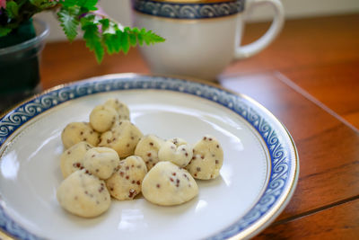 High angle view of food in plate on table
