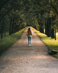 Rear view of woman walking on footpath amidst trees