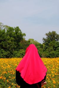 Red umbrella against trees