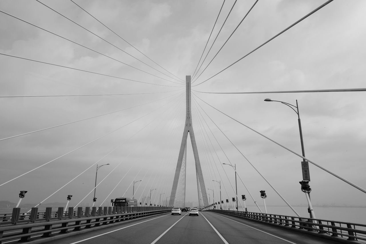 sky, road, cable, the way forward, connection, electricity, cloud - sky, electricity pylon, outdoors, transportation, no people, day