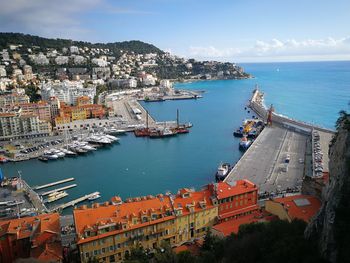 High angle view of buildings, yachts and sea in need ce, france.