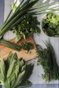 High angle view of chopped vegetables on table