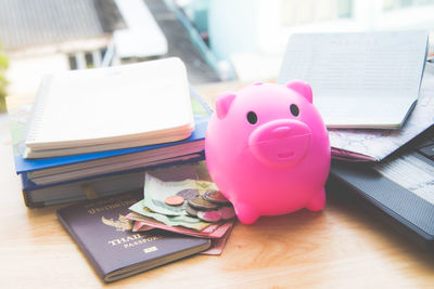 Close-up of pink book on table