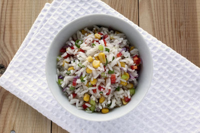 High angle view of salad in bowl on table