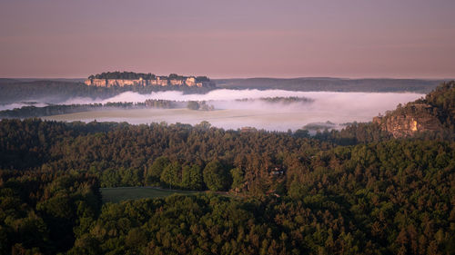 High angle view of trees on landscape against sky during sunset