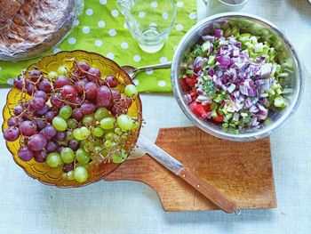 High angle view of fruits in bowl on table