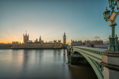 Bridge over river in city against clear sky