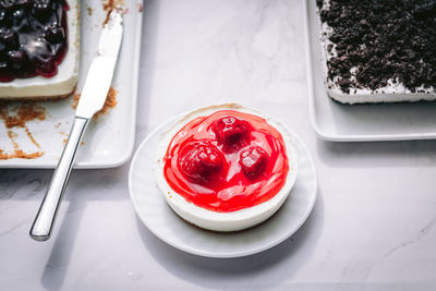 High angle view of dessert in plate on table