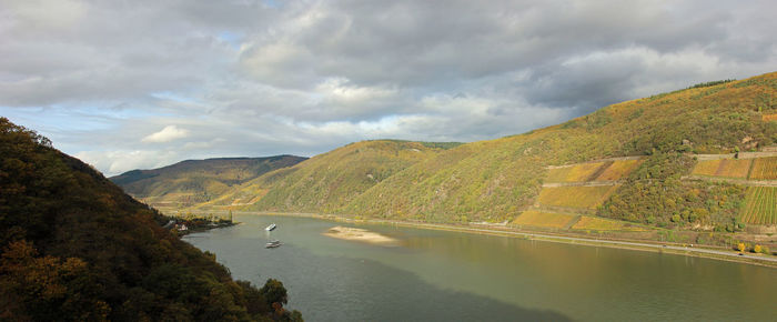 Scenic view of river amidst mountains against sky