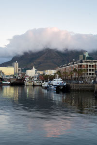 Boats moored at harbor against sky
