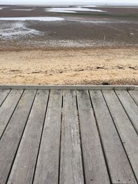 Close-up of wet sand at beach against sky