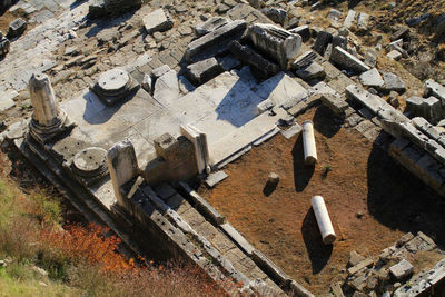 High angle view of damaged built structure on field